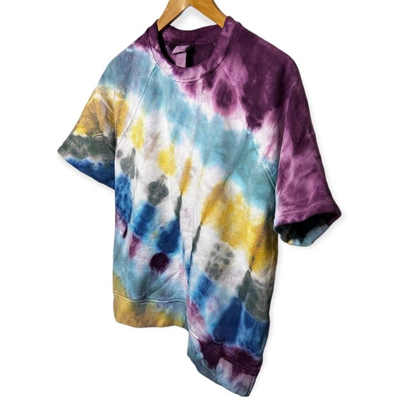 Hand Tie Dyed Upcycled Multicolor French Terry Short Sleeve Sweatshirt Women's M - Picture 3 of 11